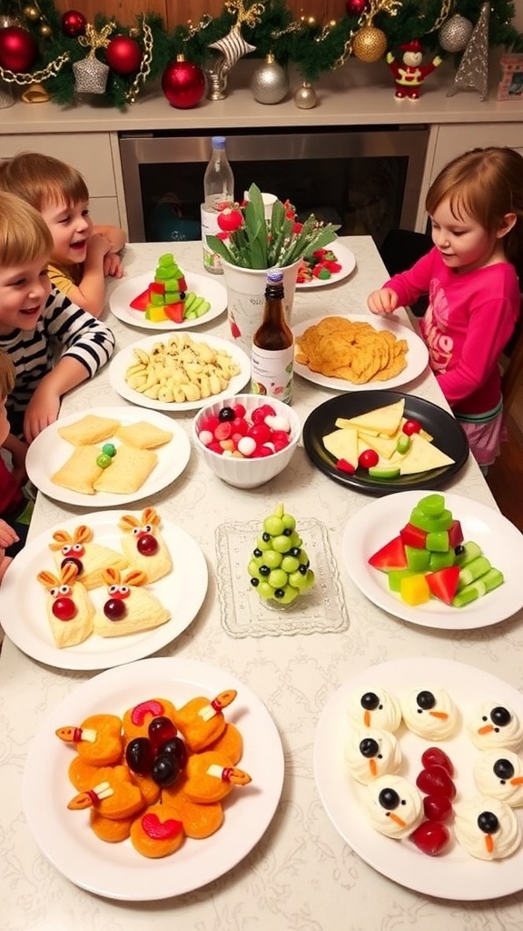 A festive table with various Christmas party foods for kids, including reindeer sandwiches, fruit skewers, and decorated cookies.